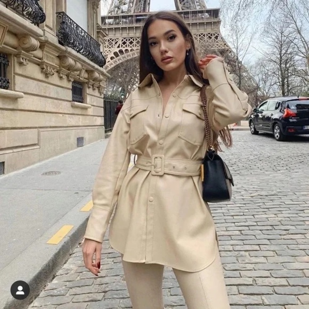 ZARA Faux Leather Shacket Belted Shirt Jacket Stealth Wealth Old Money Chic Luxe